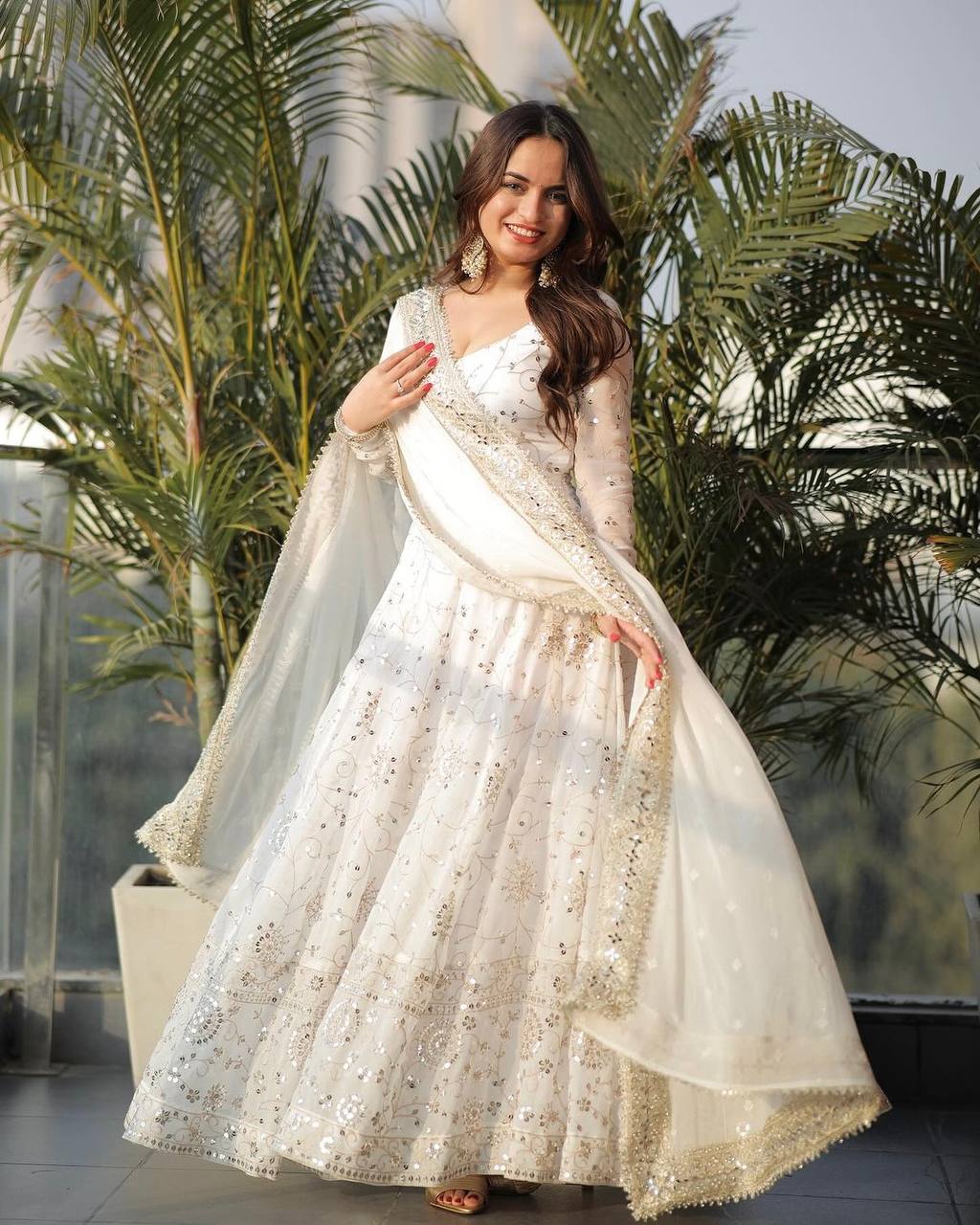 Pristine Ivory Mirror-Work Anarkali